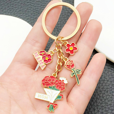 跨境母亲节礼物滴油红色康乃馨MAMA玫瑰钥匙扣创意汽车钥匙链挂件