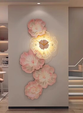 牡丹花电视背景墙装饰画入户玄关过道挂画高级感壁画钟表客厅挂钟