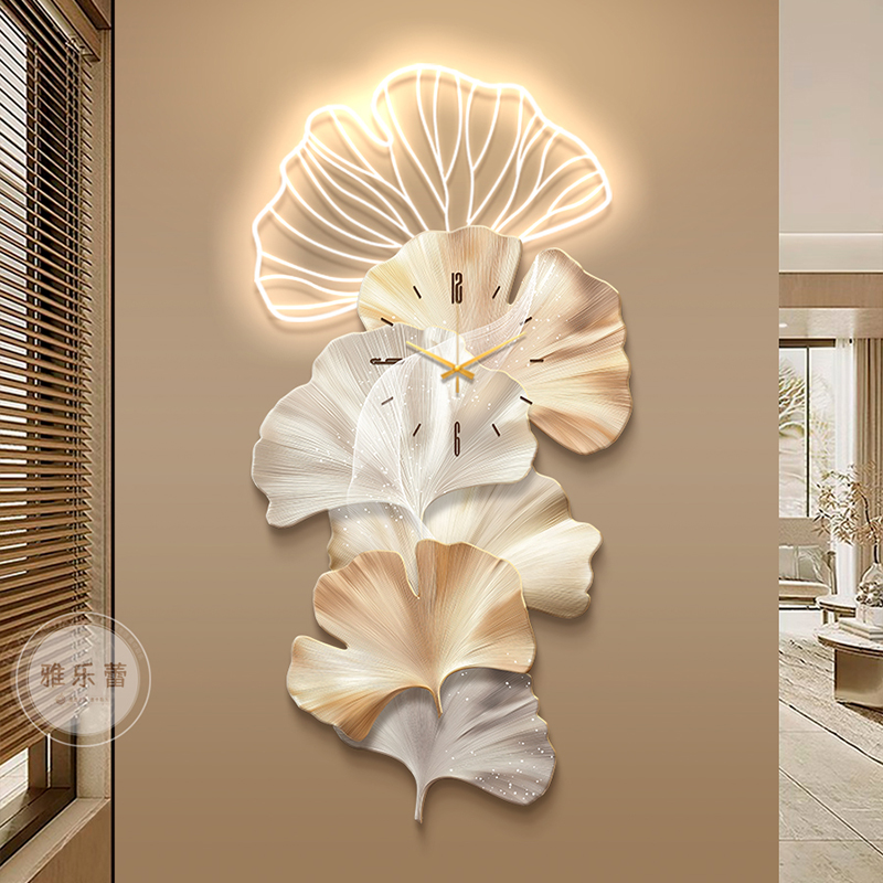 奶油风玄关装饰画高级感银杏叶走廊过道钟表挂钟创意轻奢时钟壁灯