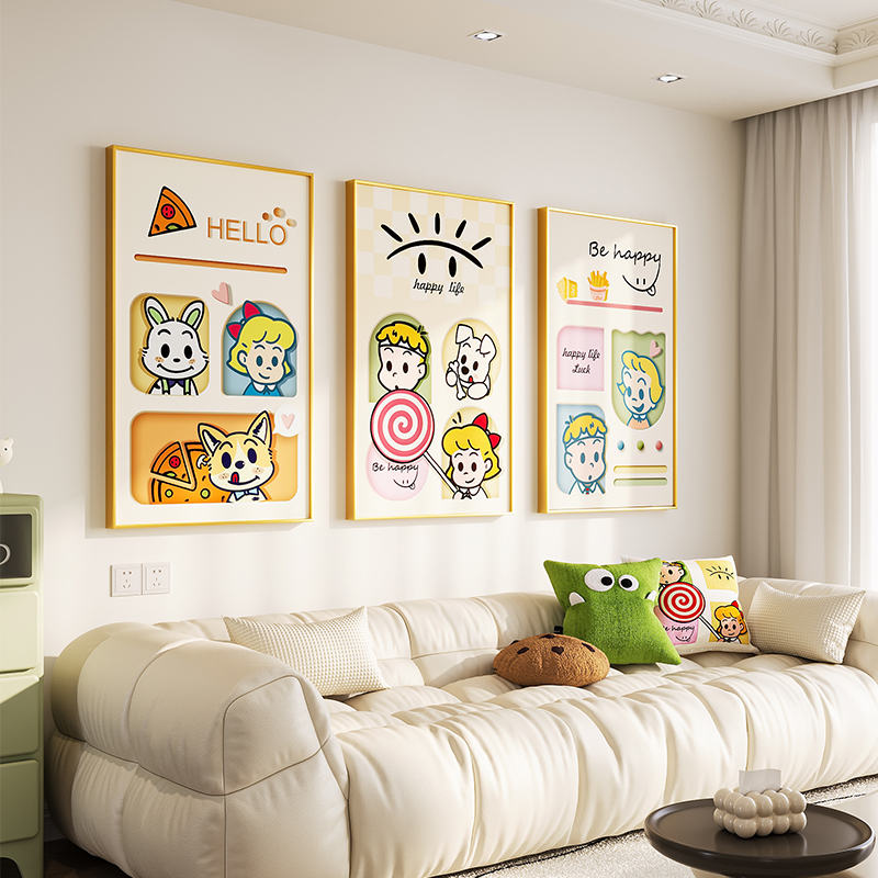 多巴胺客厅装饰画卡通人物壁画沙发背景墙挂画楼梯波点猫卧室墙面图片