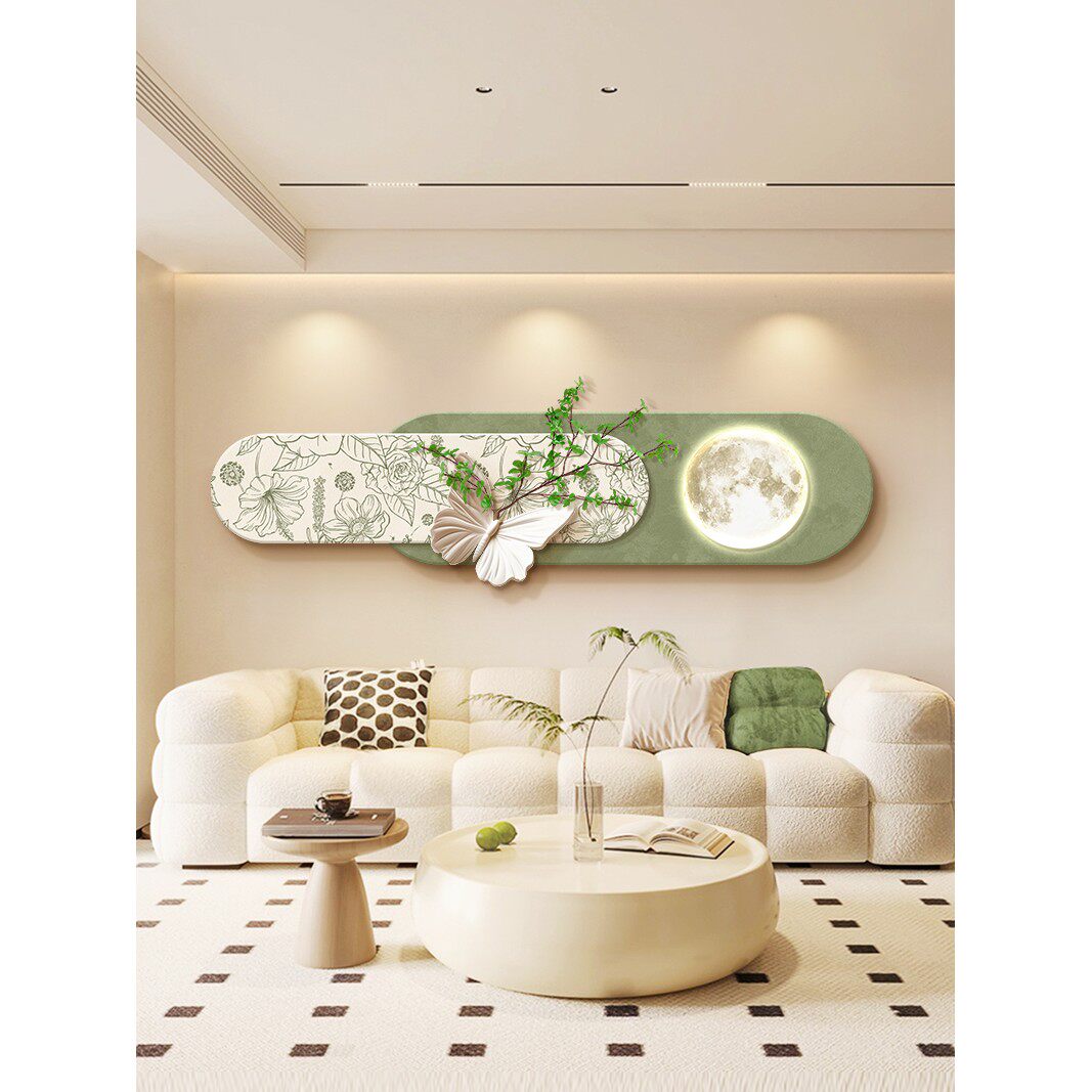 中古风客厅装饰画高级感彷真绿植沙发背景墙挂画奶油风创意叠加画