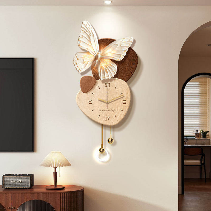 中古风电视背景墙装饰画立体高级感入户玄关挂画钟表蝴蝶墙壁灯画