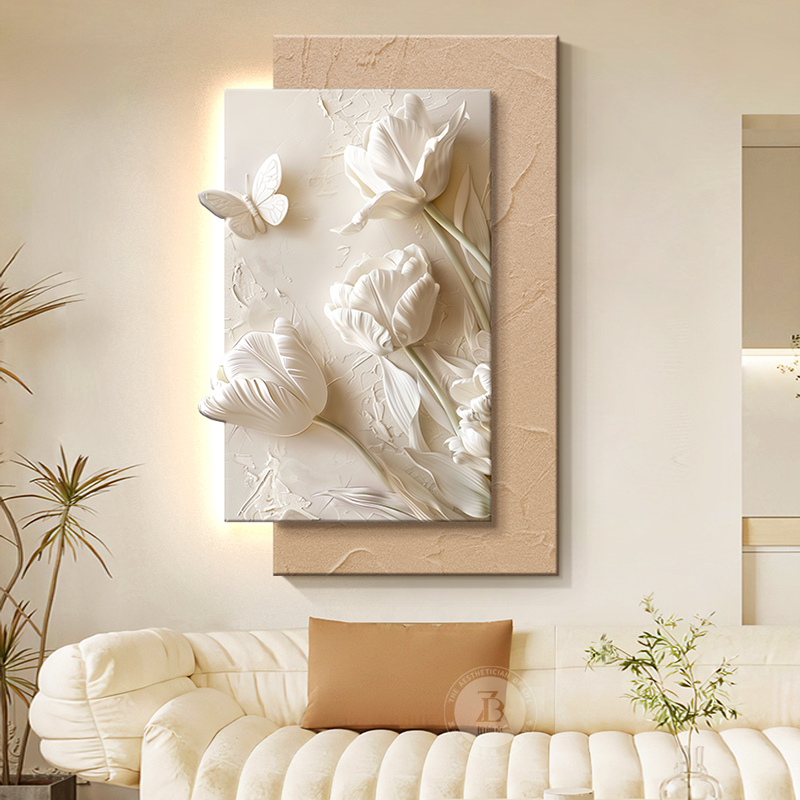 奶油风客厅装饰画高级感抽象花卉沙发背景墙壁画立体砂岩玄关挂画图片