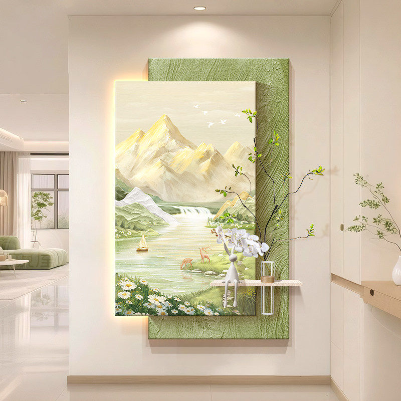 奶油风入户门玄关装饰画日照金山壁灯画水培绿植走廊过道感应挂画