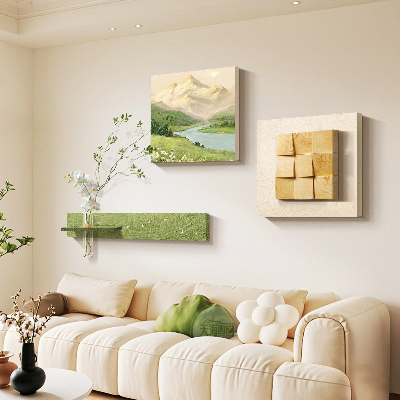 日照金山客厅电视沙发背景墙装饰画奶油原木风景山水立体玄关挂画