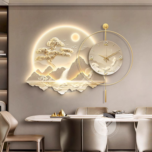 现代轻奢餐厅装饰画带钟表2025新款客厅背景墙挂画高级感餐桌壁画