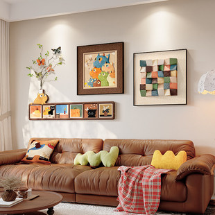 奶油中古风客厅装饰画猫咪立体实木法式复古沙发背景墙挂画组合画