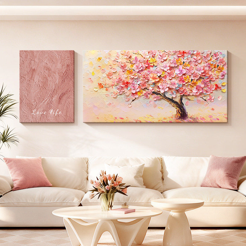 奶油风客厅装饰画发财树油画肌理感2026新款沙发背景墙挂画高级感