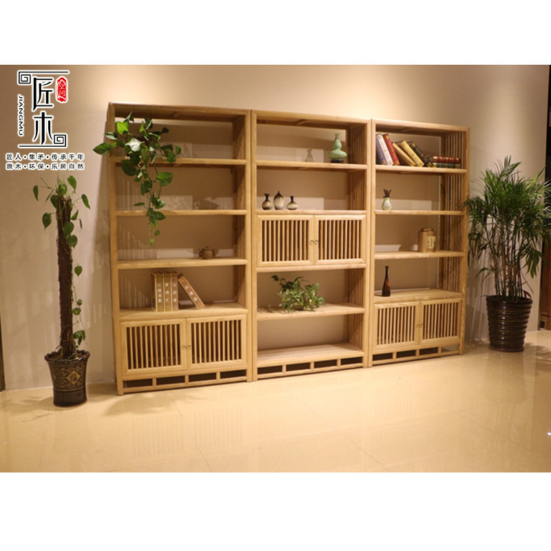 京作全实木货架老榆木书架书柜落地禅意茶叶柜展示架普洱茶饼展柜