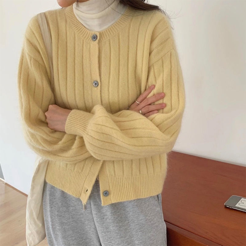 韩版灯笼袖针织衫外套女2024秋冬女装竖条纹纯色宽松慵懒毛衣开衫