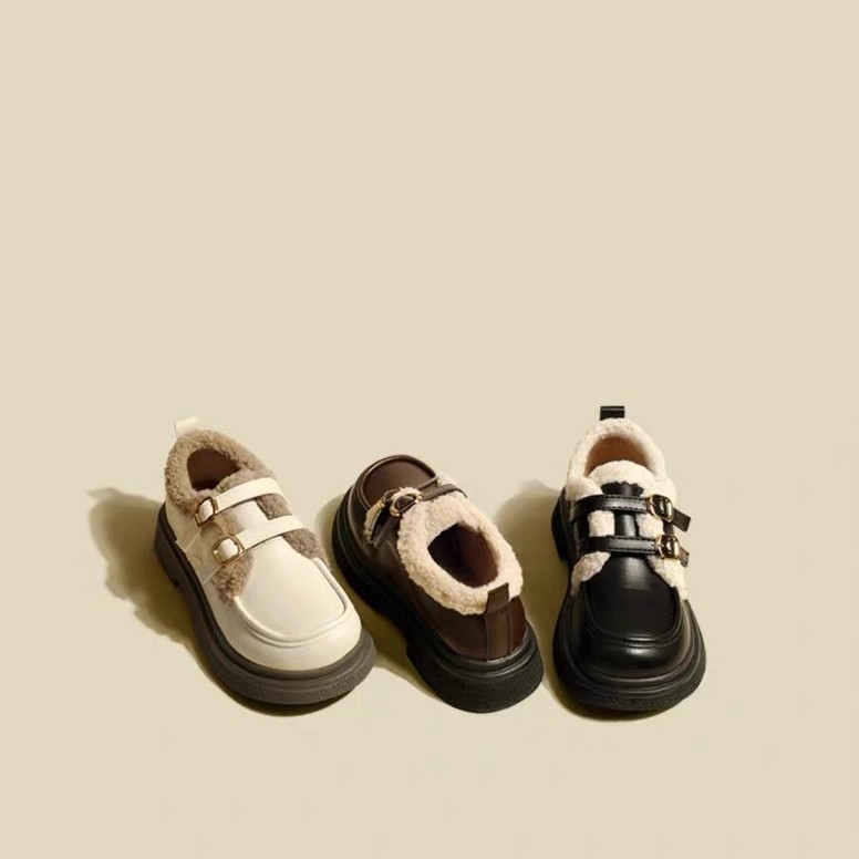 进口棕色小皮鞋女2025新款冬季女鞋加绒英伦风棉鞋子毛毛鞋乐福鞋