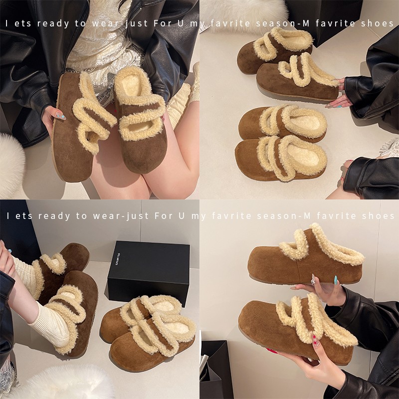 进口复古加绒魔术贴棉鞋女款2025冬季新款平底法式休闲保暖舒适毛