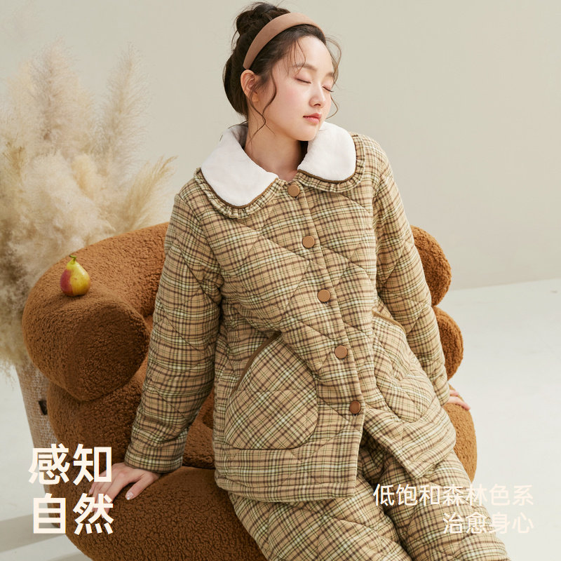 安之伴女冬季三层梭织夹棉睡衣加厚保暖格子甜美娃娃领棉袄家居服