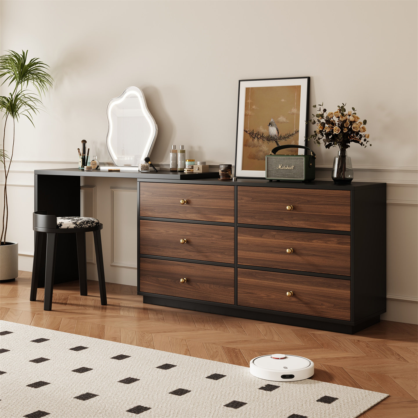 中古风化妆台斗柜一体化妆桌小户型实木床尾收纳柜卧室转角化妆柜