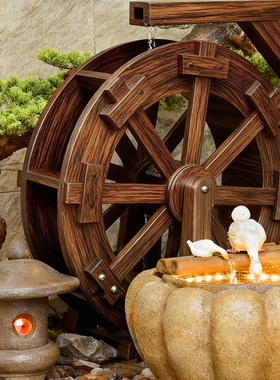 新款风水轮水车流水摆件大中小型户外鱼池假山鱼缸喷泉木制木水车