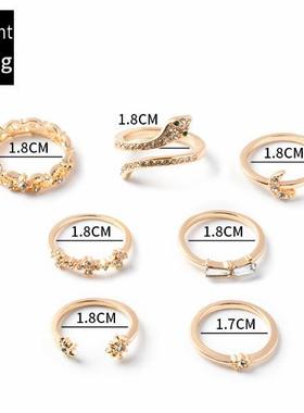 Ring set 7 pieces星星月亮镶钻戒指复古蛇形关节戒7件套组合套装