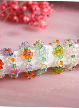 Elastic crystal bead ring flower ring female color彩色戒指