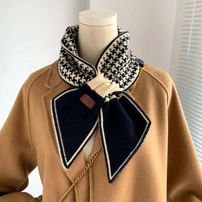 Warm Cashmere Neck Tie Scarf For Women Plaid Neckerchief Kni