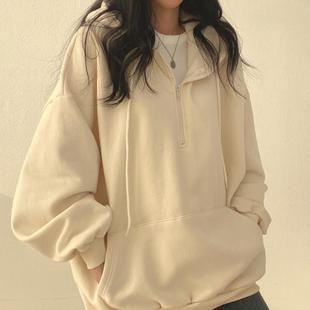 Women Hoodie Harajuku Loose Oversized Solid Color Top Half Z