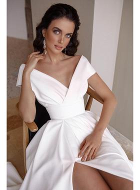 White long dress 一字露背V领晚礼服白色系列拖地轻婚纱连衣裙女