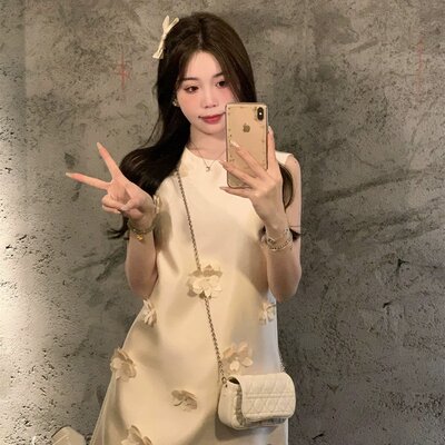 BOOMLIMIT 茜茜公主 立体珍珠装饰画无袖新中式连衣裙