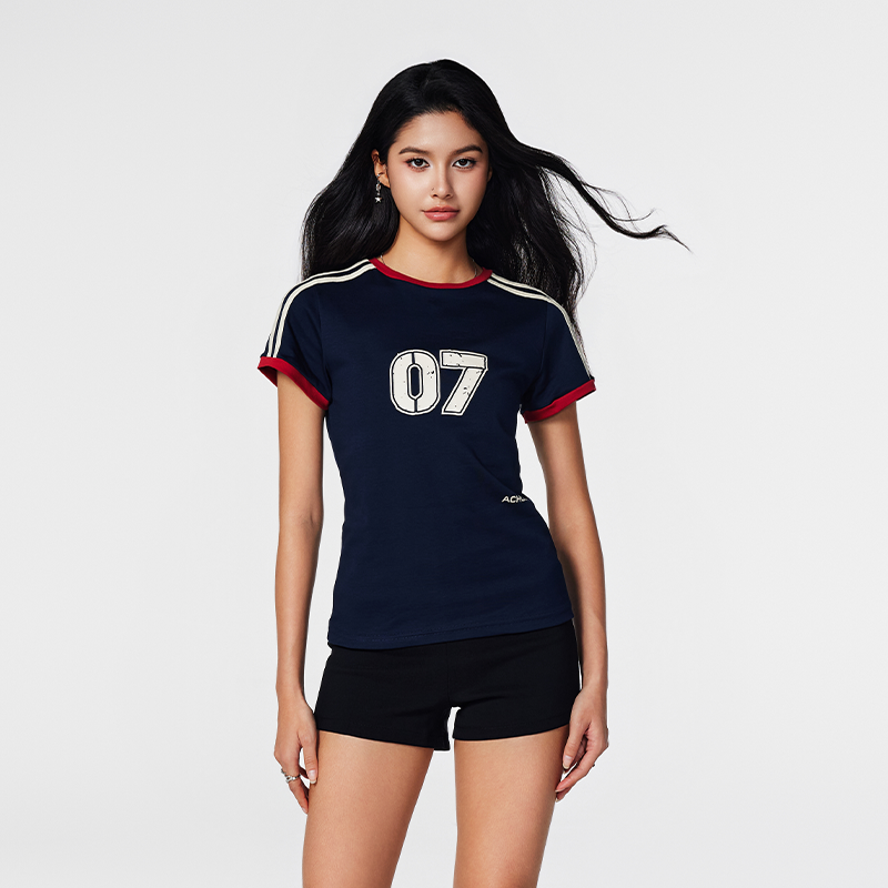 【Achock官方店】美式复古辣妹撞色条纹拼接潮牌显瘦修身短袖体恤