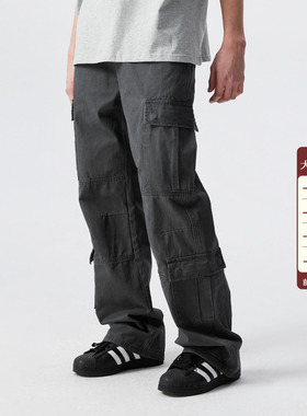 新因素美式复古磨毛多口袋工装裤男女宽松直筒休闲做旧灰色裤子