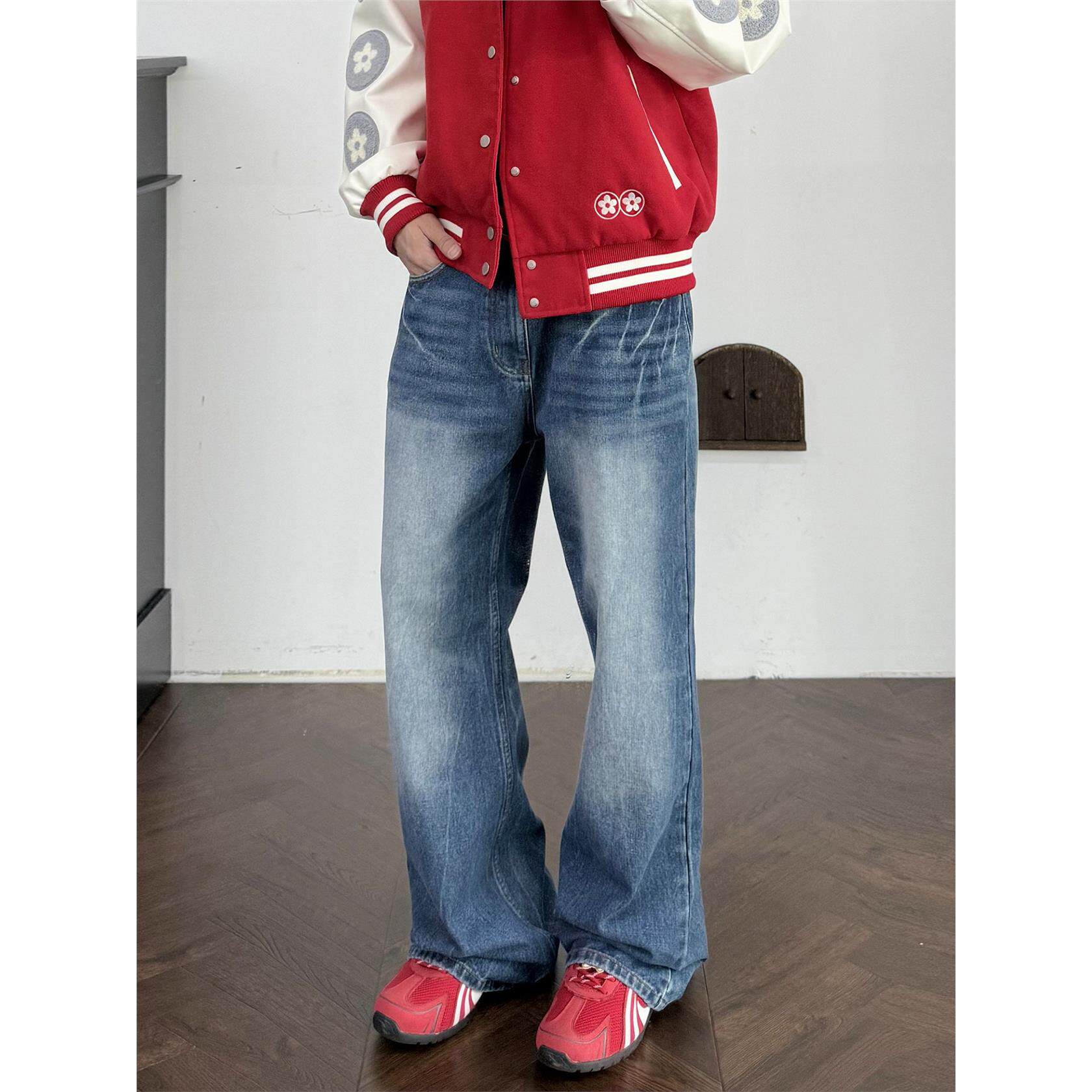 新因素美式覆古基础百搭直筒牛仔裤男女水洗高街猫须阔腿微喇裤子