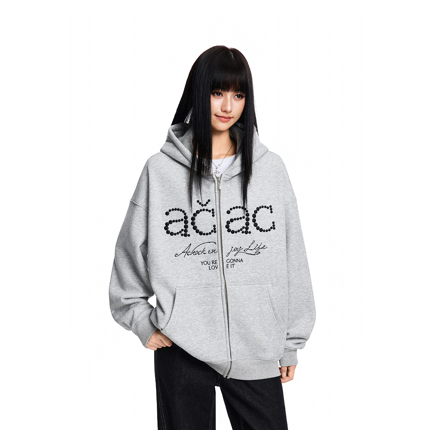 【Achock官方店】美式街头刺绣彷珍珠logo开衫外套校园风百搭厚棉