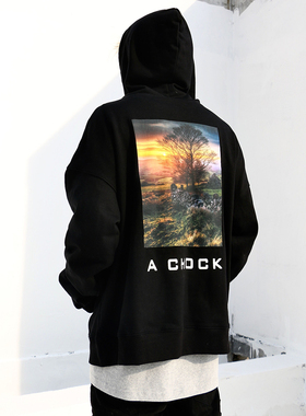 A chock国潮原创日落夕阳风景印花连帽衫潮woo专属情侣套头卫衣男