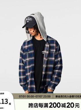 A chock正品授权街头撞色蓝色格纹连帽长袖衬衫美式复古休闲外套