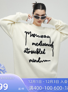 A chock 慵懒风锁链绣字母套头针织衫美式休闲奶茶白情侣毛衣冬款