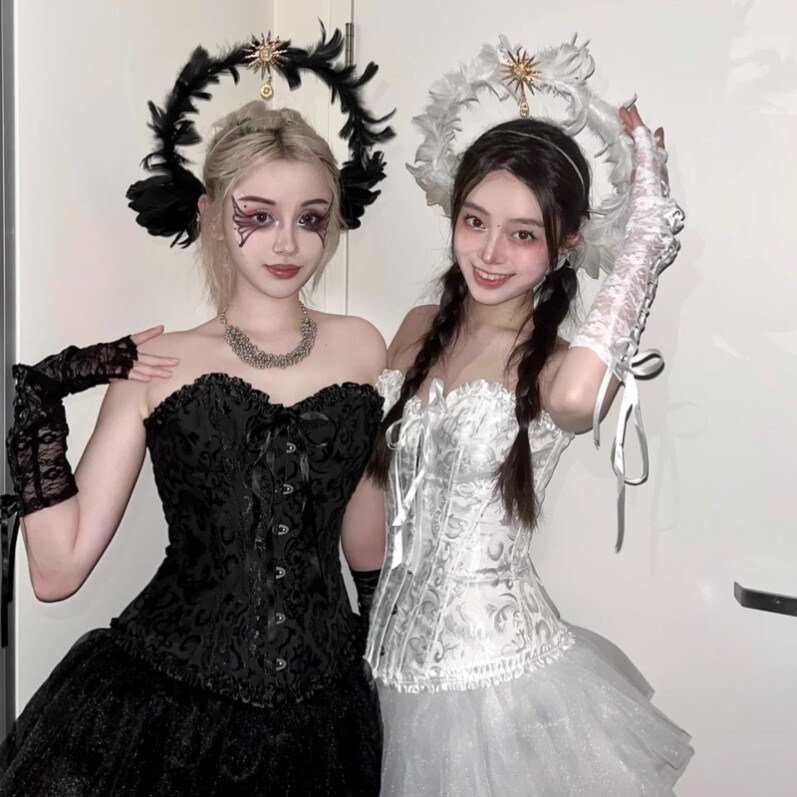 恶魔天使cos服万圣节鬼新娘兔女郎穿搭黑白天使姐妹装扮甜酷束腰