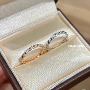 纯银麻花戒指 女轻奢小众复古18K金小排钻扭绳指环高级感礼物钻石