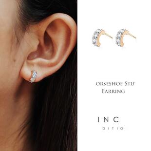 Edition 系列经典马蹄形U型镶钻耳钉 女纯银镀黄金色耳环耳饰简约