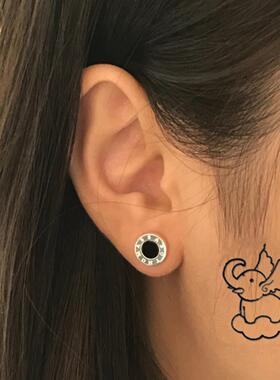 新品 托马斯耳钉情侣男女款 白金纯银黑色圆形玫瑰金耳环个性礼物