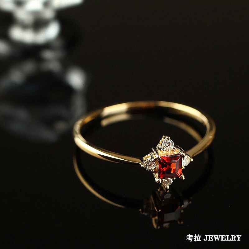 【小冰凌戒指】18K黄金石榴红纯银红宝石指环女钻石ins小众设计潮
