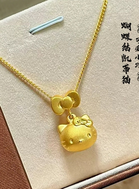 周先生Hello Kitty凯蒂猫项链女纯银蝴蝶结18K金黄金锁骨链蝴蝶潮