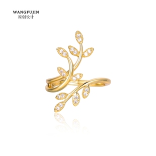 加拿大设计师橄榄枝戒指纯银镀黄金色 女叶子指环镶钻ins个性礼物