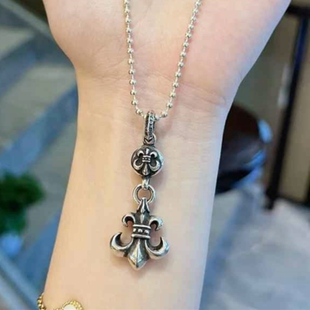 纯银复古鸢尾花项链单球童军花男女情侣款船锚毛衣链潮十字架