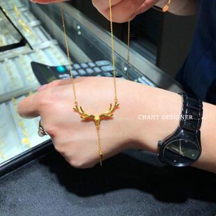 【发财有鹿】22K金ing鹿头项链女纯银镀黄金色鹿角流苏锁骨链圣诞