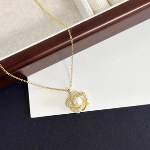 18K金山茶花珍珠项链 女纯银几何花朵锁骨链黄金轻奢高级感