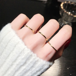 纯银镀黄金色 素圈戒指 男女三生三世光面素戒指环情侣对戒实心潮