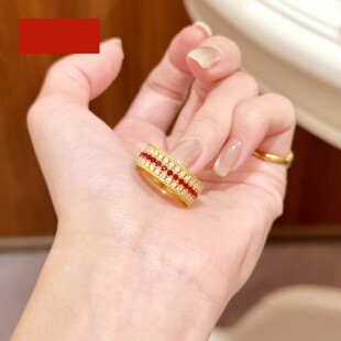 潮港福18K金古法红刚玉排钻戒指 女纯银镶钻排戒指环黄金轻奢送礼