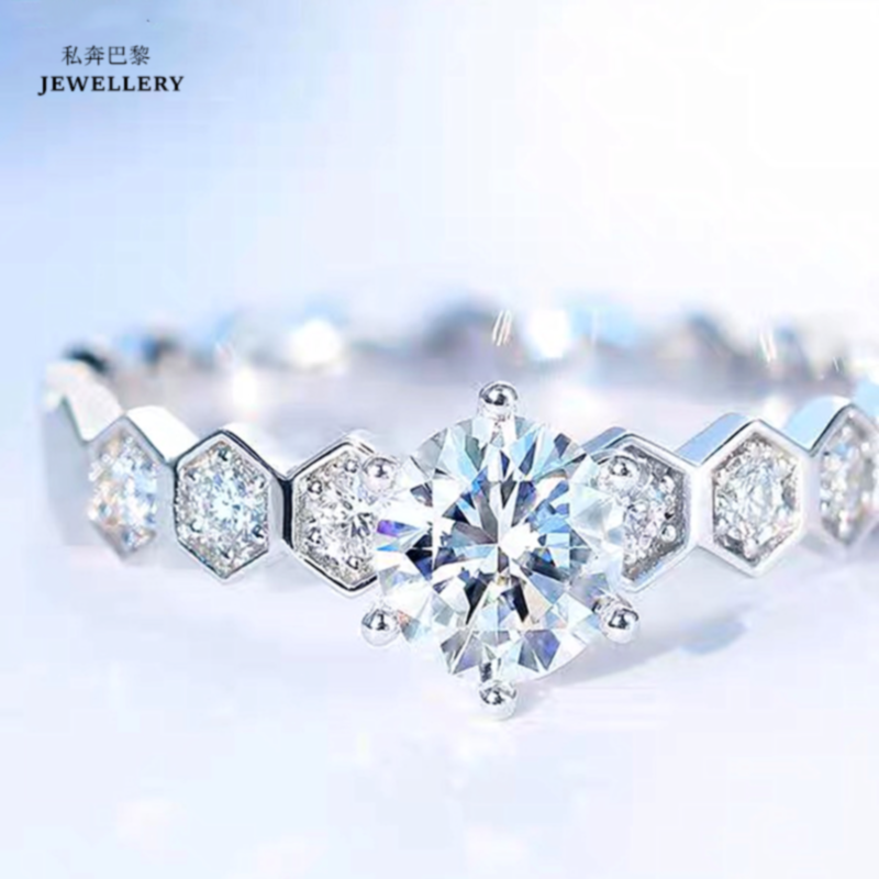 莫桑石礼物求婚蜂巢戒指纯银