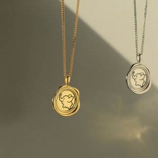 【联名款】18K金小飞象项链 女复古金币硬币纯银黄金锁骨链罗马潮