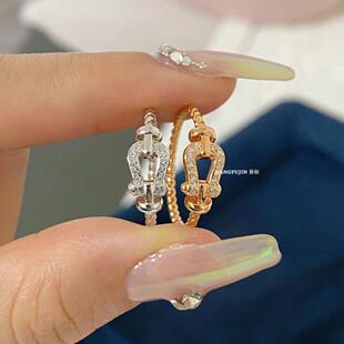 F.D马蹄扣戒指 女纯银镀黄金色麻花扭绳指环玫瑰金镶钻高级感礼物