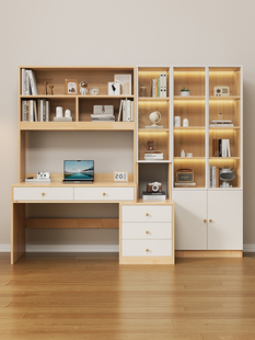 全实木书桌书架一体家用写字桌带玻璃书柜经济型电脑桌卧室学习桌