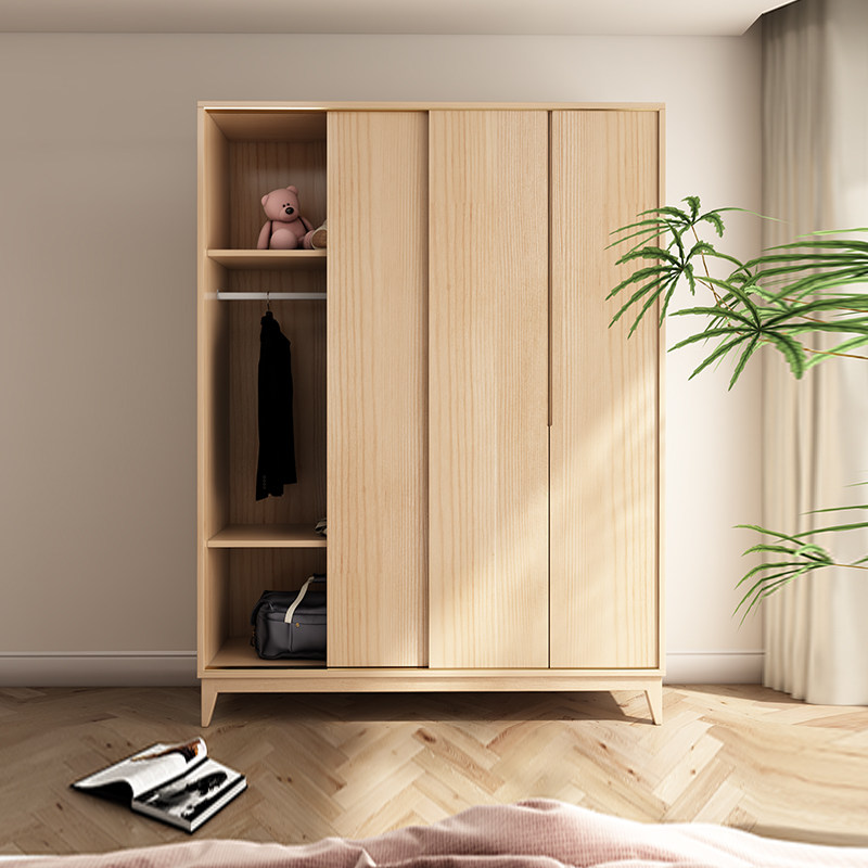 全实木推拉门衣柜家用卧室原木儿童衣橱现代简约移门挂衣柜可定制
