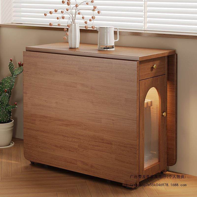 全实木小户型带轮子可伸缩移动收纳饭桌子折叠餐桌椅组合现代简约